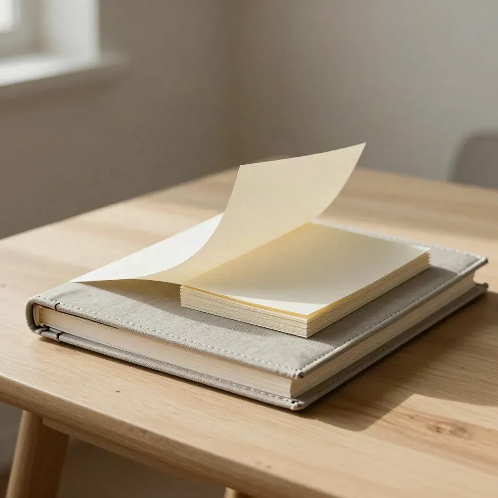 Open linen brand binder on pale oak, one tab curling in morning wind beside swatches and stacked cards.