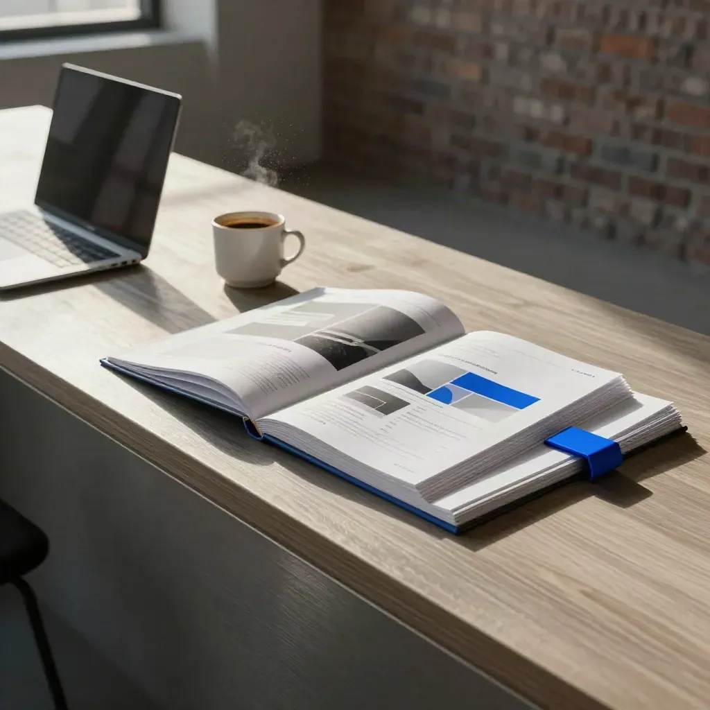 Loft counter with homepage draft sheets, closed laptop, cup, and blue tab in sunrise haze.
