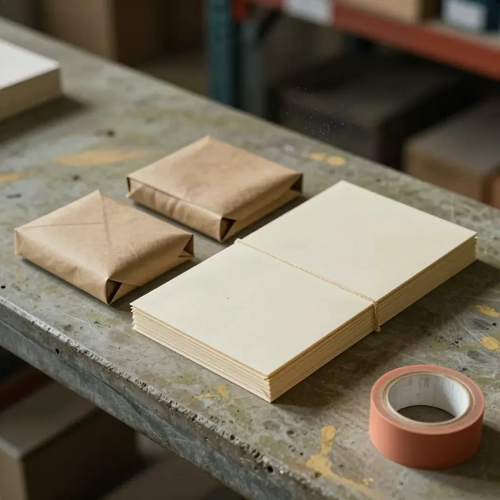 Wrapped product samples and a notes card on a concrete packing bench in soft warehouse light.