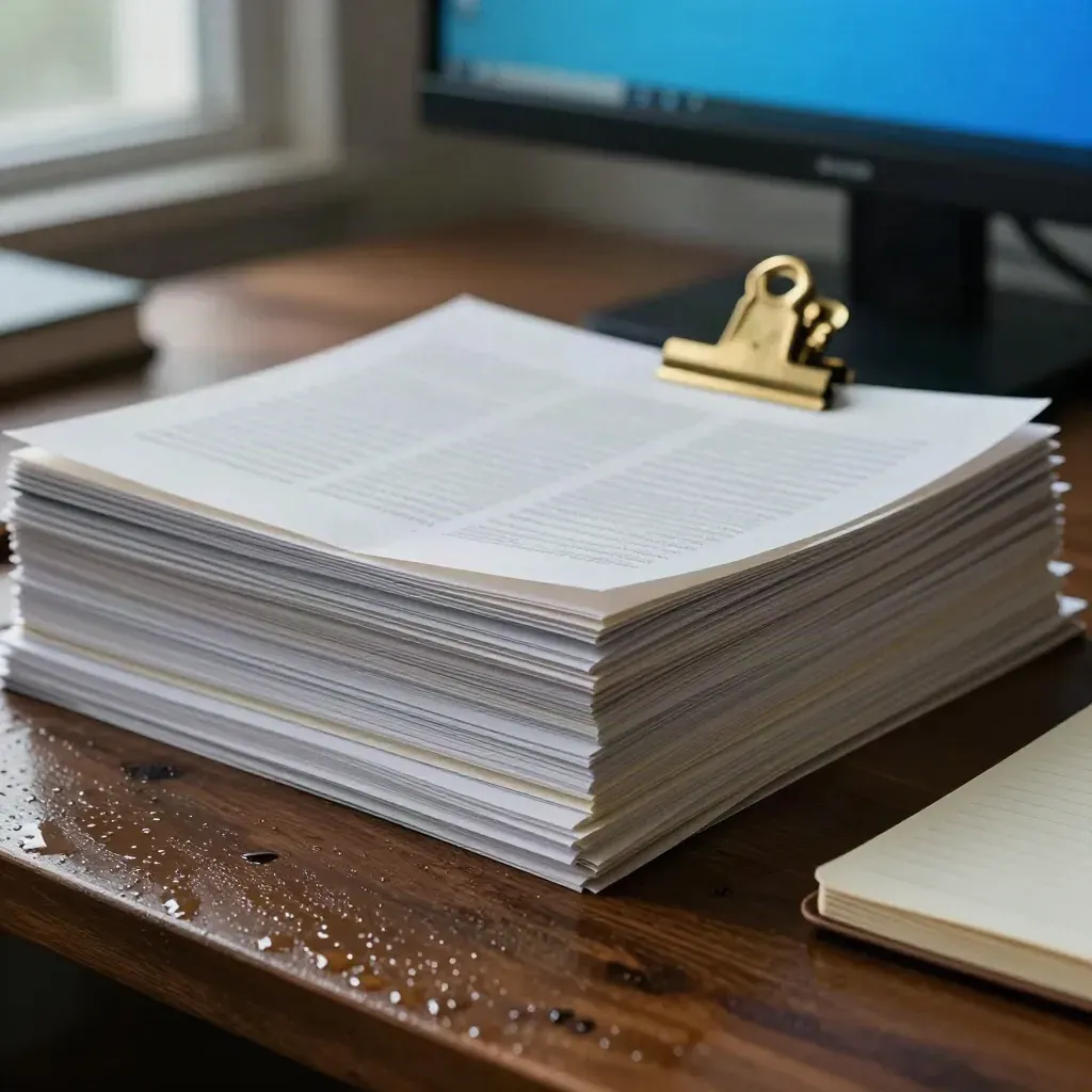 Rain-washed editing desk with proofs, a turned monitor, brass clip, and closed pale notebook.