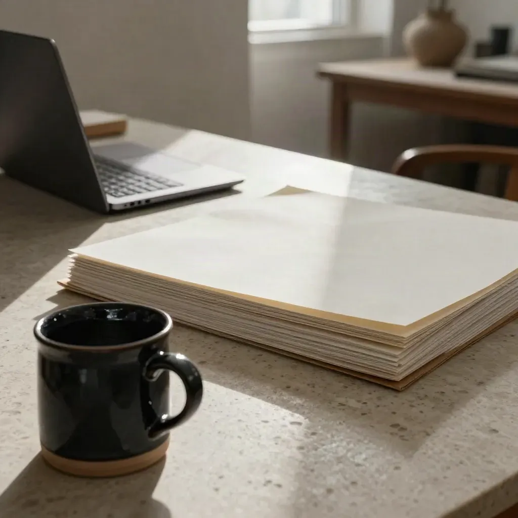 Low-wide copy studio table with closed laptop, proof folders and a black ceramic mug in morning haze