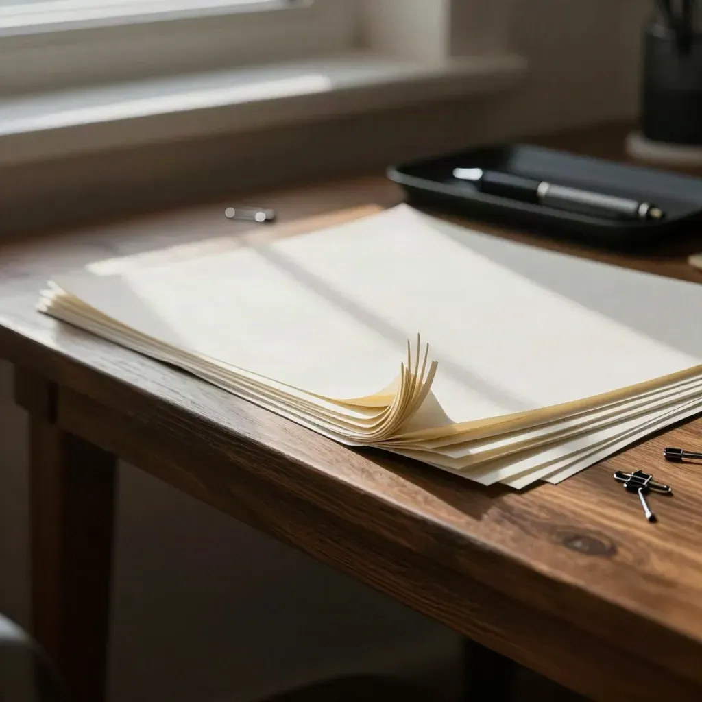 Low-angle copywriting still life with clipped paper strips, pens, and strong window glare.