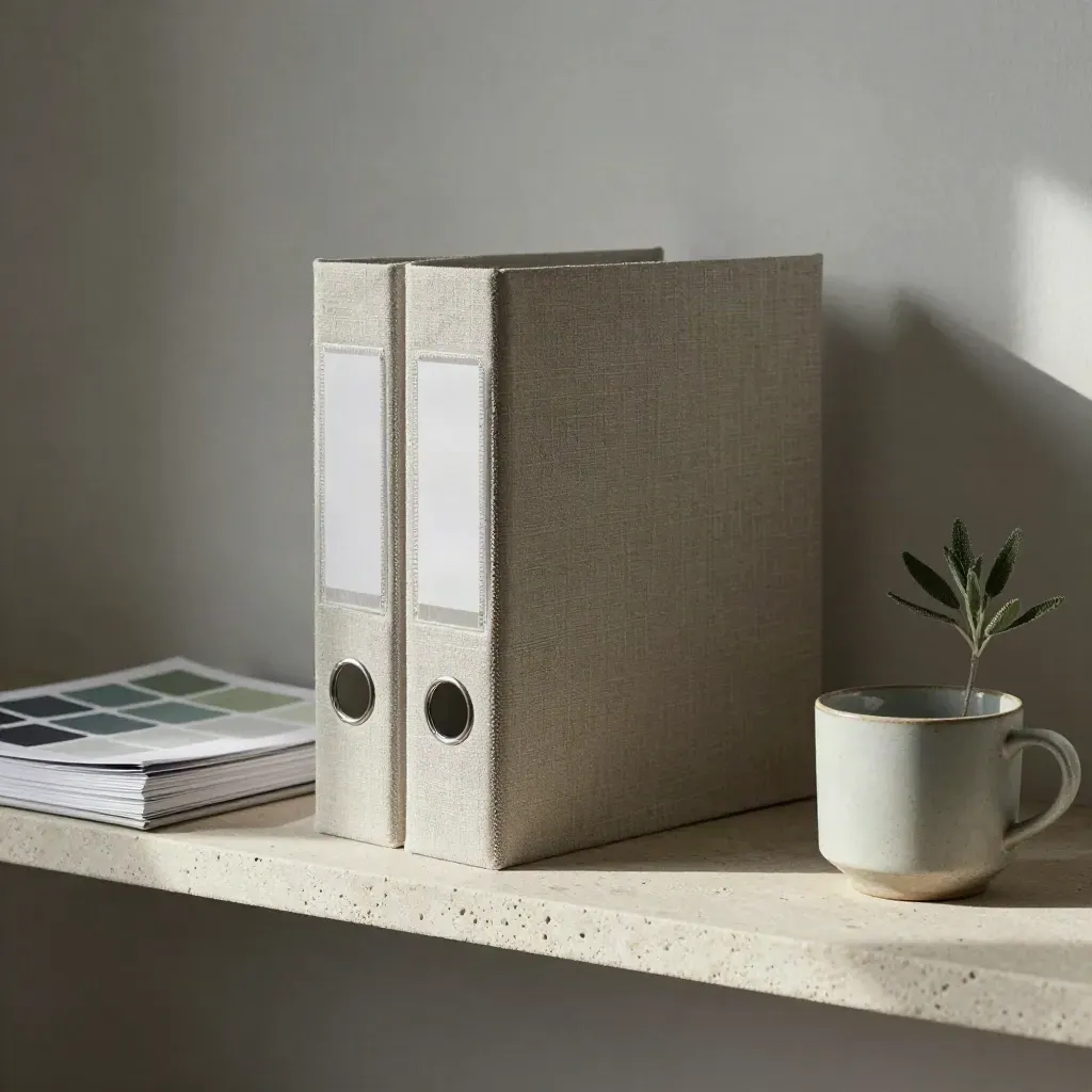 Linen-wrapped binder, swatch book, cup, and tiny plant on a pale stone shelf.